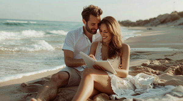 Couple sitting ont he beach with a tablet